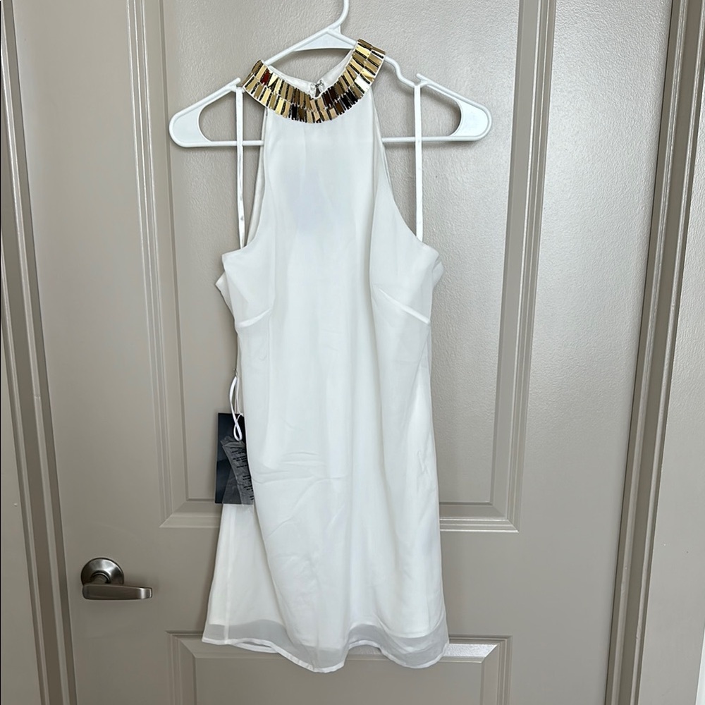 Bebe White and Gold Halter Sheath Mini Dress